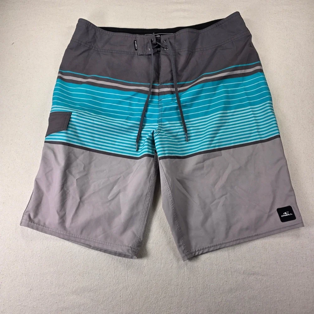 ONeill Hyperdry Mens Board Shorts Grey Turquoise Striped Swim Trunks Size 33
